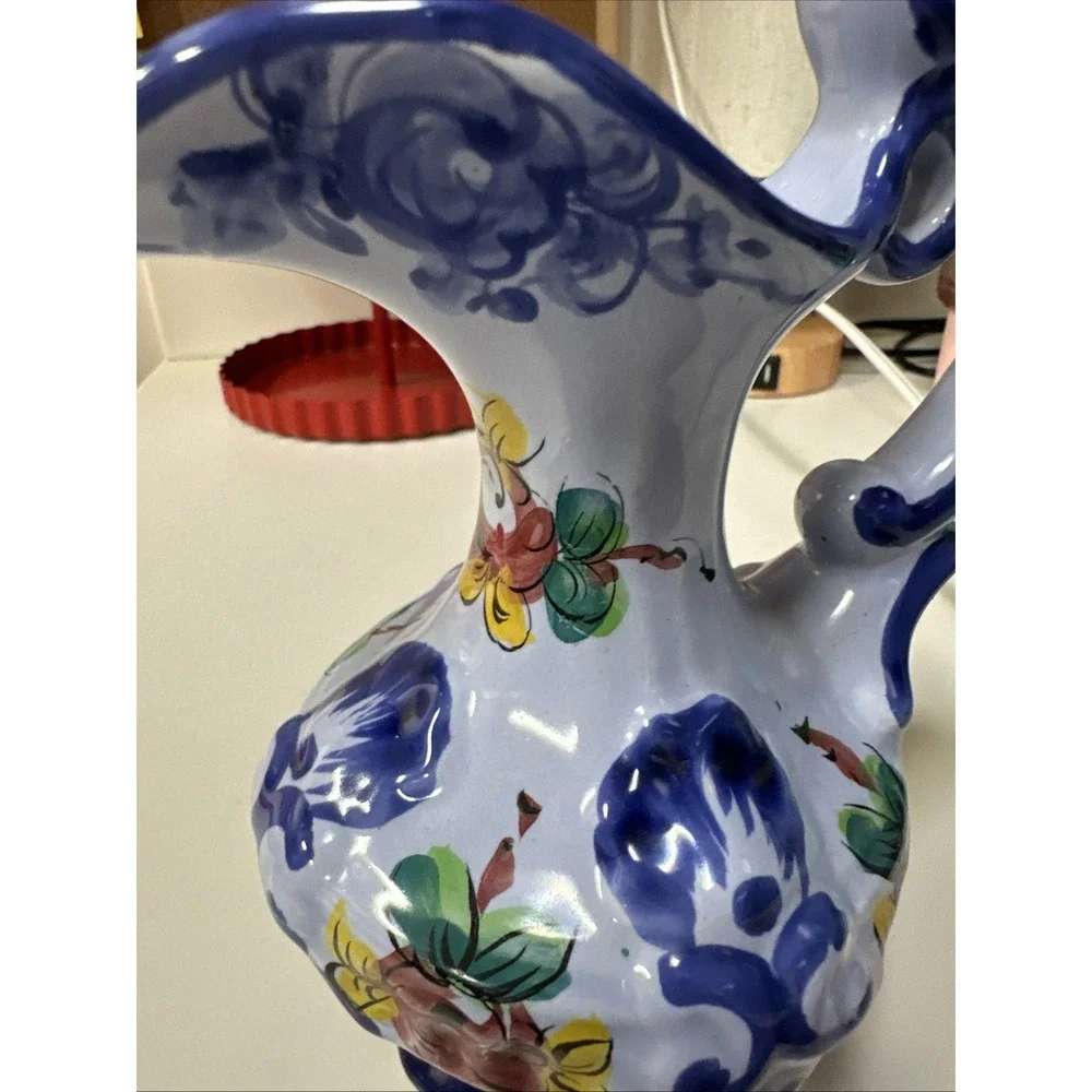 PORTUGAL Vintage Vase‎ Pitcher Blue & Floral Hand Painted and Numbered 7.5inch